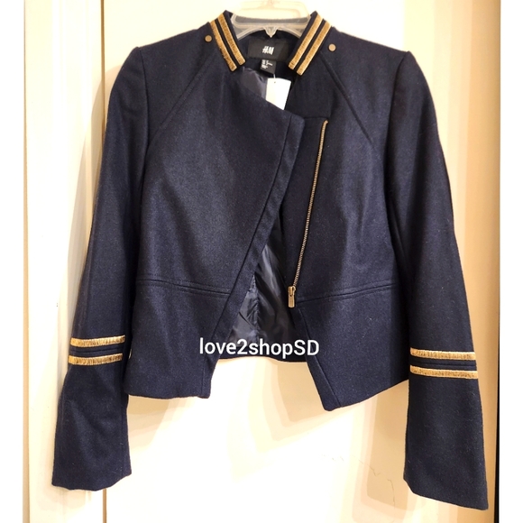 H&M Gisele Bündchen Military Wool Blazer Navy Blue Gold Jacket NWT US 6 Euro 36 - Picture 2 of 5